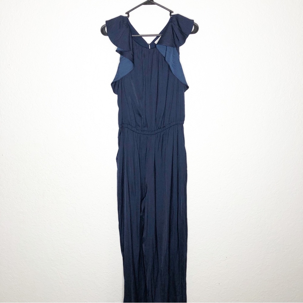 LOFT navy blue ruffle sleeveless jumpsuit size 6 NWT‎